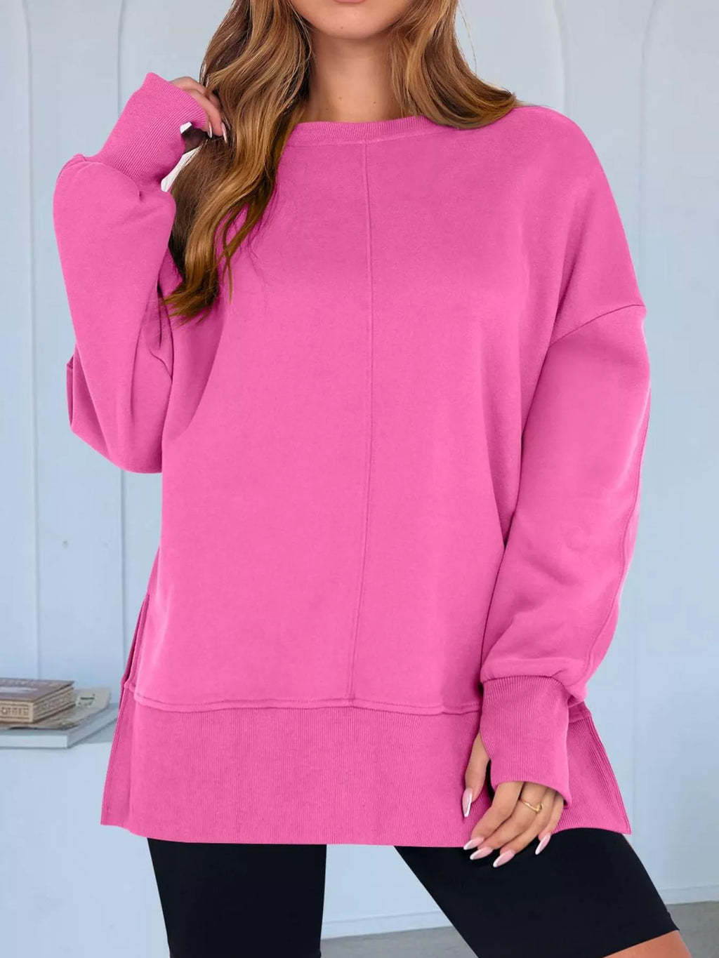 Side Slit Round Neck Long Sleeve Sweatshirt by Trendsi