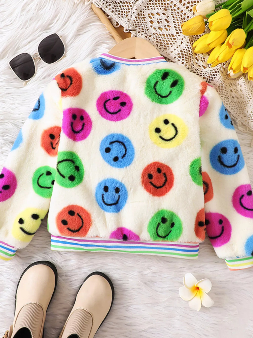 Children's Cheerful Smiley Face Print Plush Jacket by Trendsi