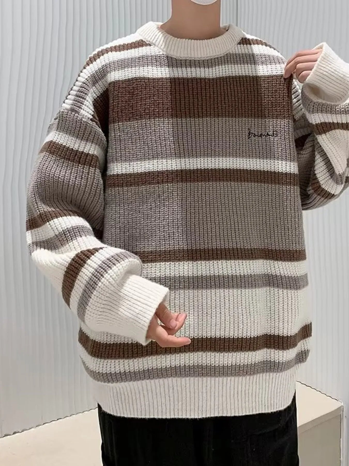 Men's Striped Knit Pullover with Embroidered Detail by Trendsi