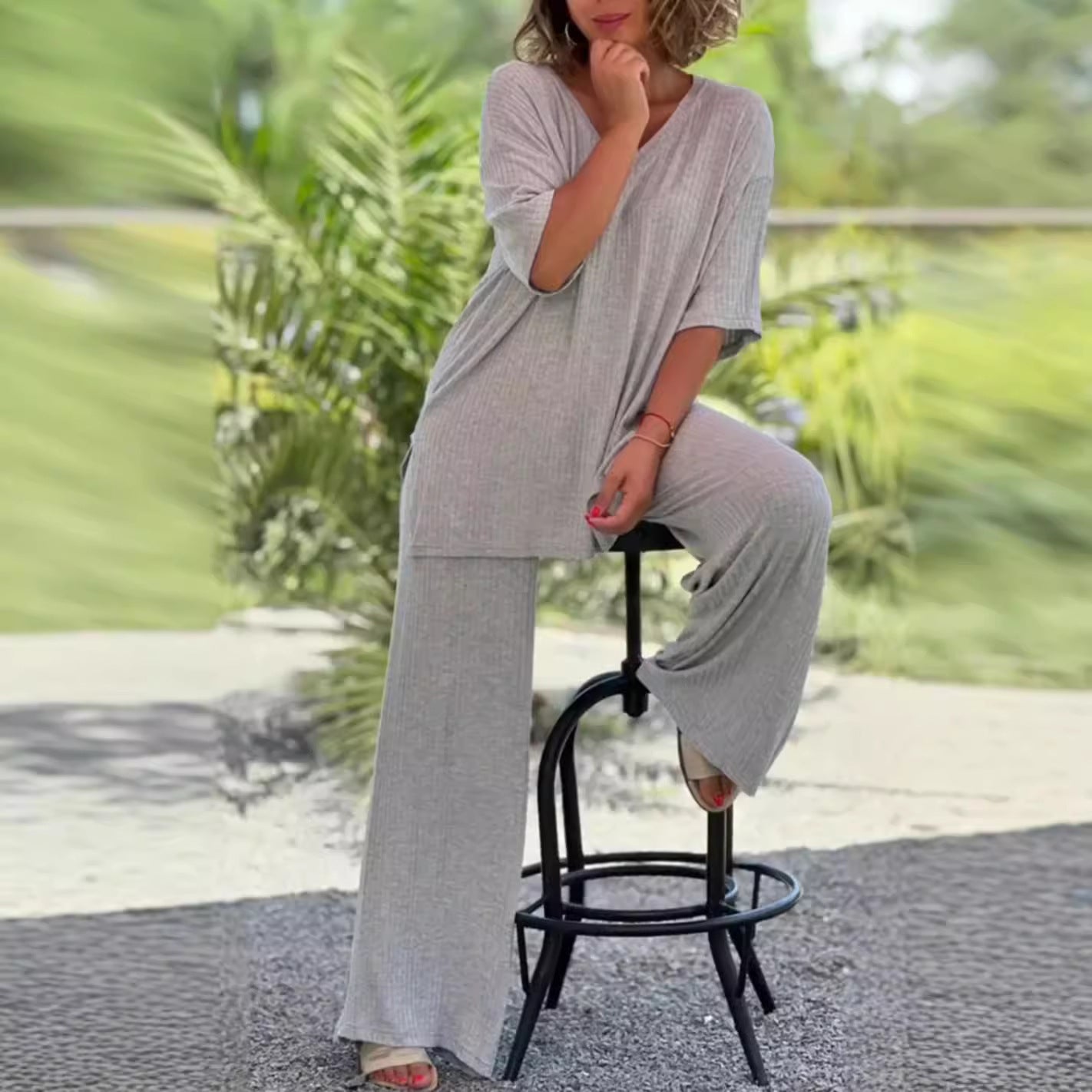 European And American Knitwear Top Two-piece Set Casual And Comfortable Baggy Straight Trousers by DC-THE CEO