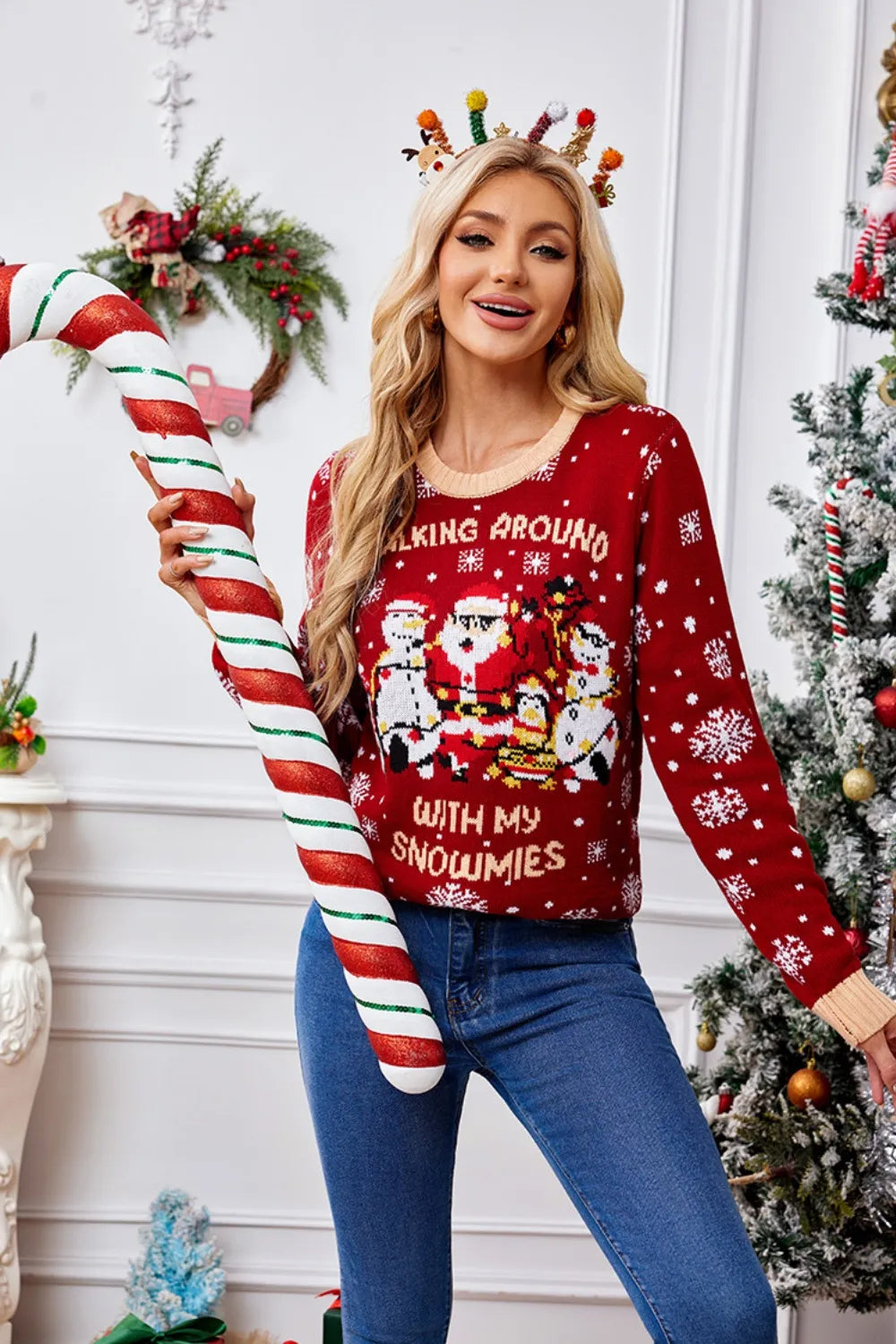 Christmas Pattern Round Neck Long Sleeve Sweater by Trendsi