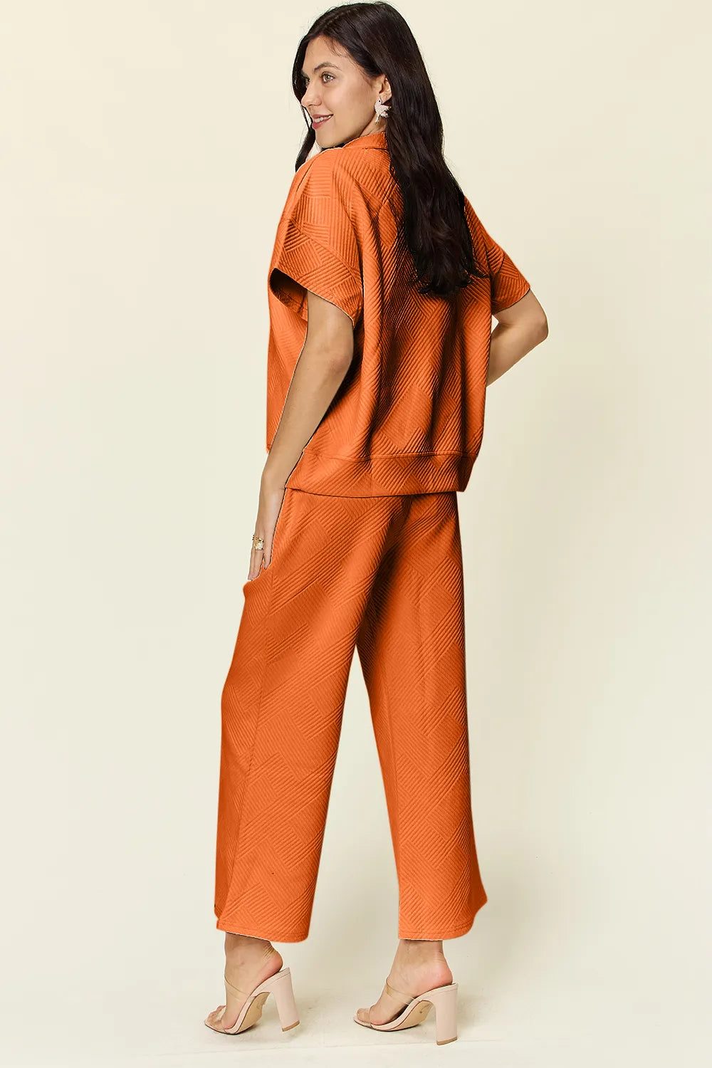 Double Take Full Size Texture Half Zip Short Sleeve Top and Pants Set by Trendsi