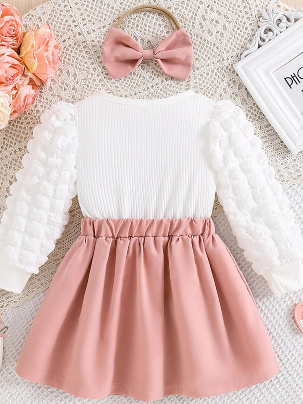 Children's Heart Bowknot Decor Dress with Headband by Trendsi