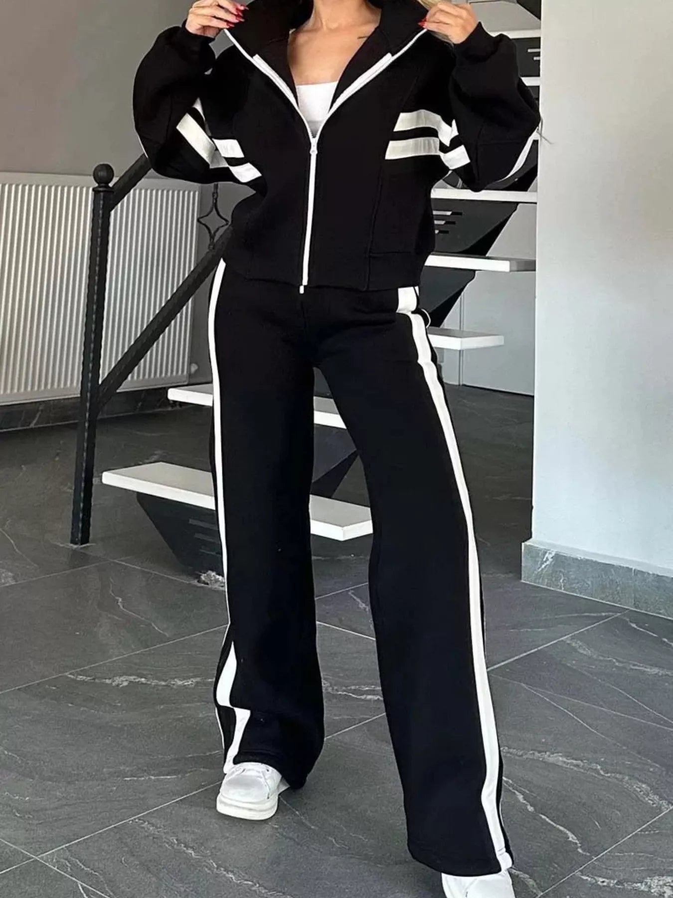Full Size Contrast Stripe Zip Up Jacket and Pants Set Plus Size by Trendsi