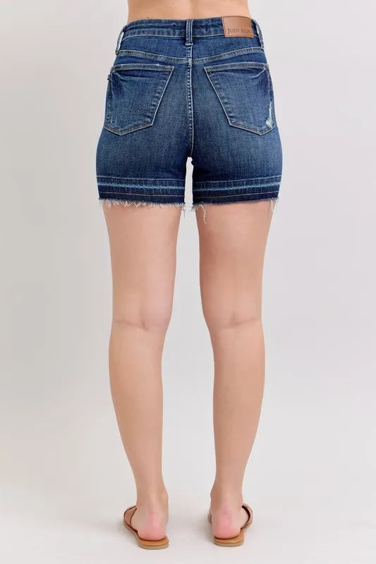 Judy Blue Full Size High Waist Tummy Control Destroy Release Hem Denim Shorts Plus Size by Trendsi