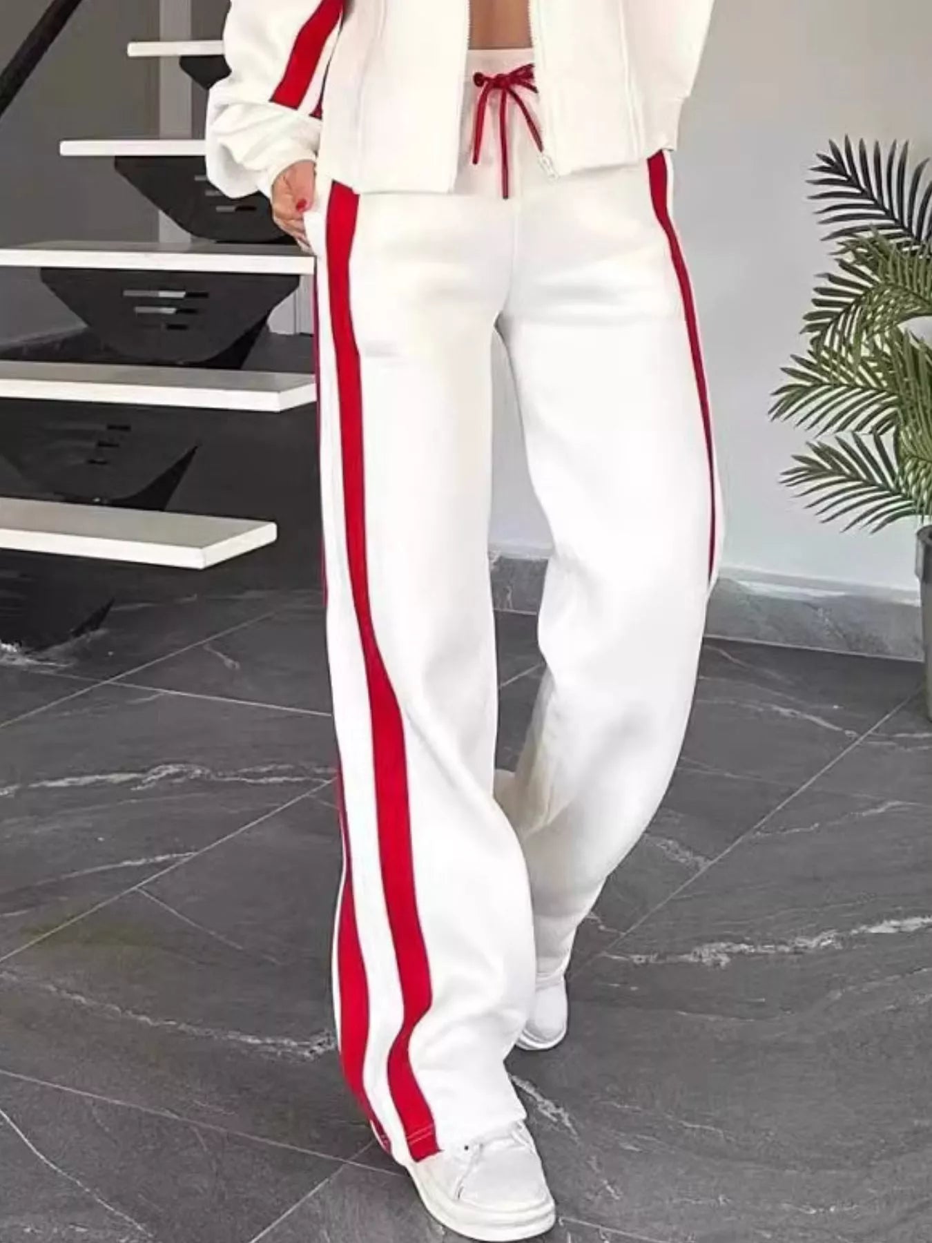Full Size Contrast Stripe Zip Up Jacket and Pants Set Plus Size by Trendsi