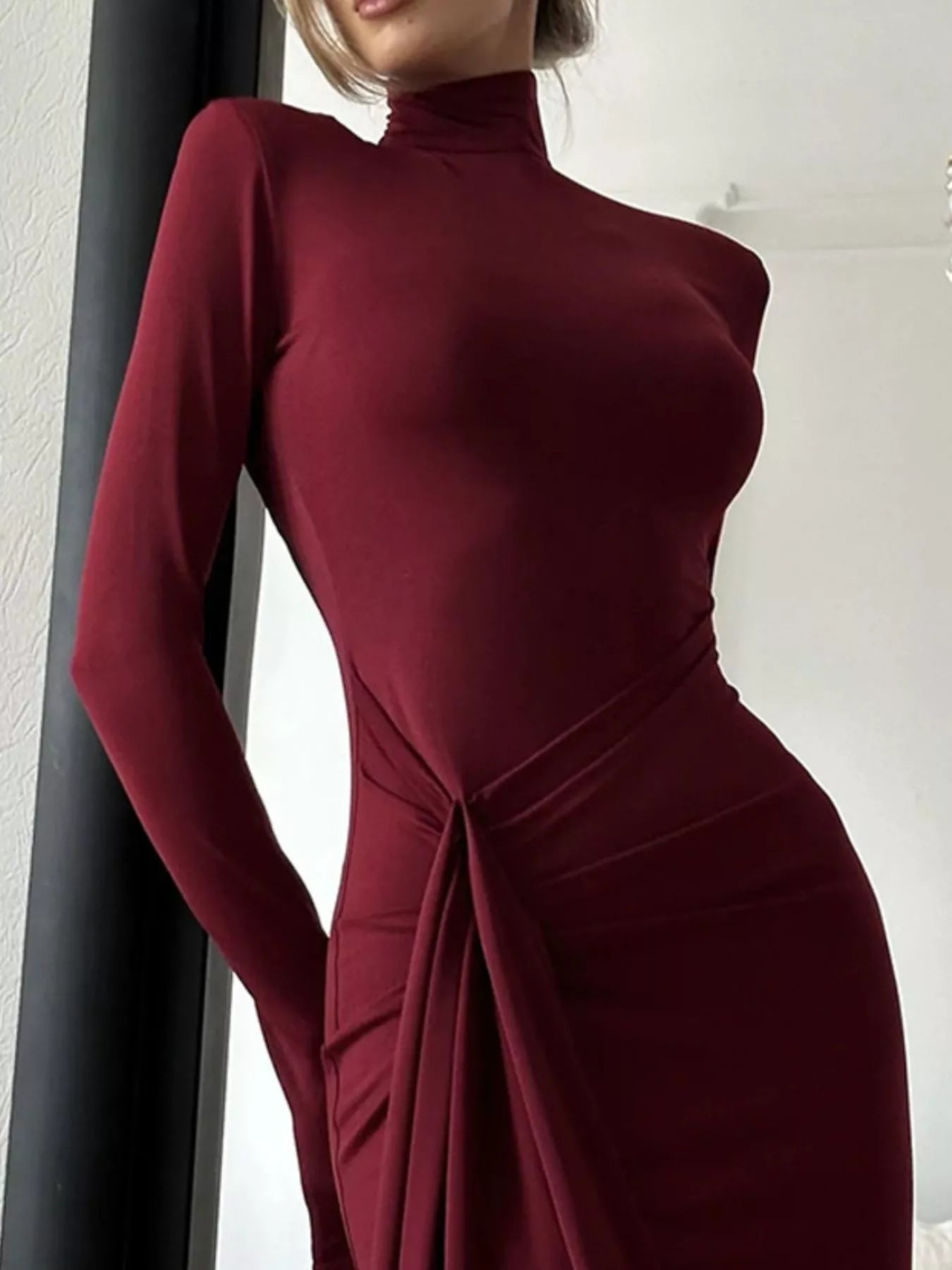 Turtleneck Long Sleeve Slit Maxi Dress by Trendsi