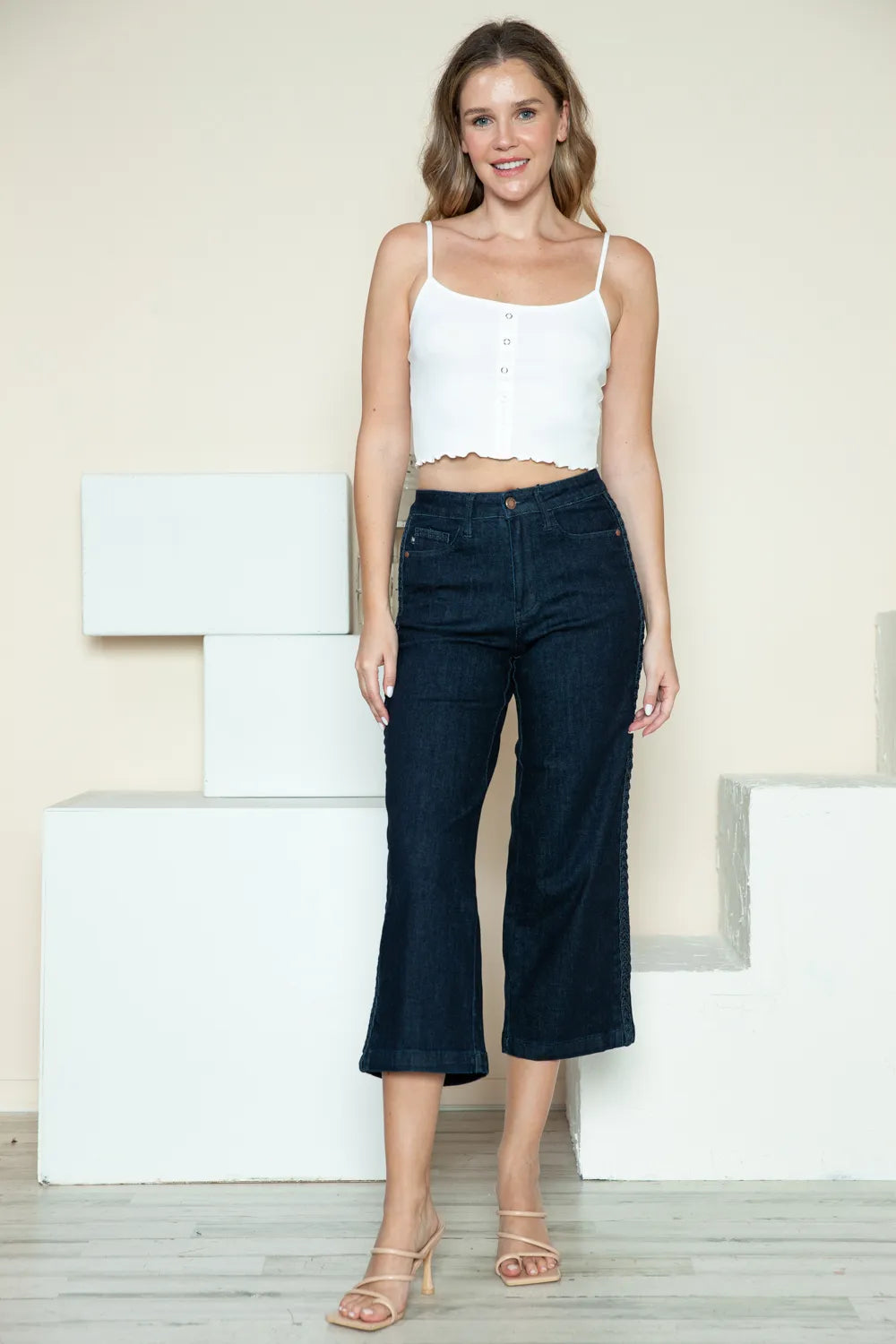 Judy Blue Full Size Side Seam Braid Detail Crop Wide Leg Jeans by Trendsi
