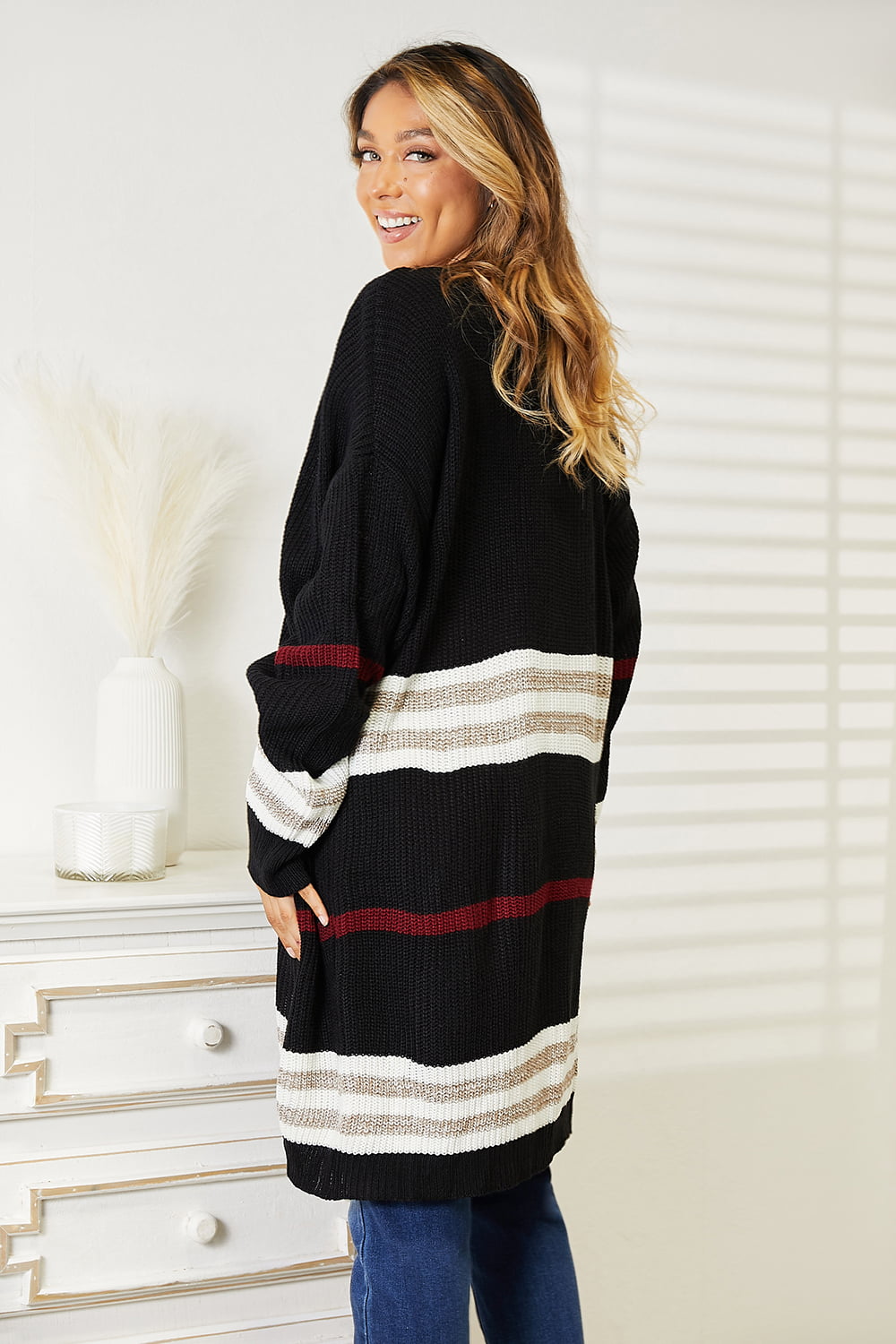 Perfee Striped Rib-Knit Drop Shoulder Open Front Cardigan by Trendsi