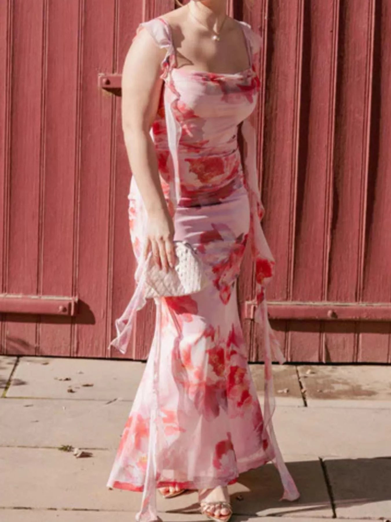 Floral Print Ruffle Trim Bodycon Maxi Dress by Trendsi