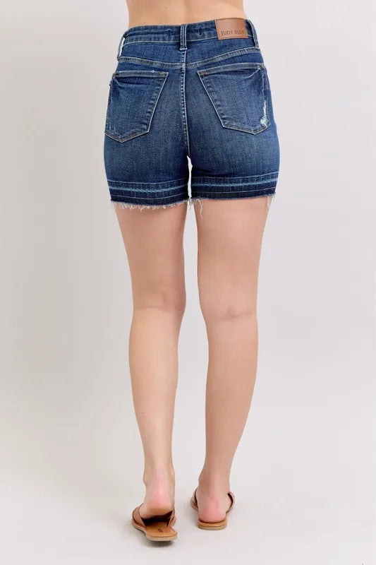 Judy Blue Full Size High Waist Tummy Control Destroy Release Hem Denim Shorts Plus Size by Trendsi