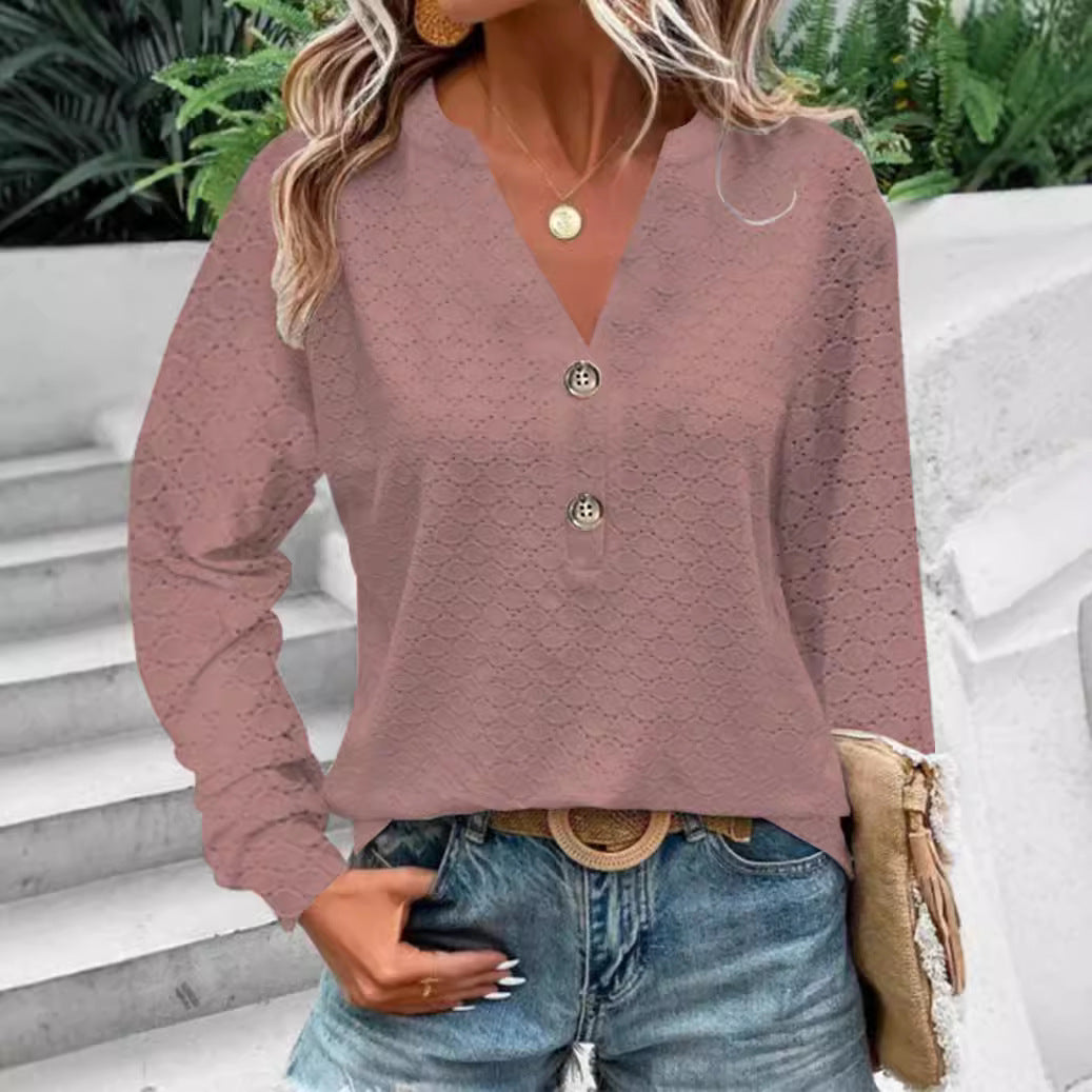 Women's Fashion Casual Solid Color Buttons V-neck Long Sleeve by DC-THE CEO