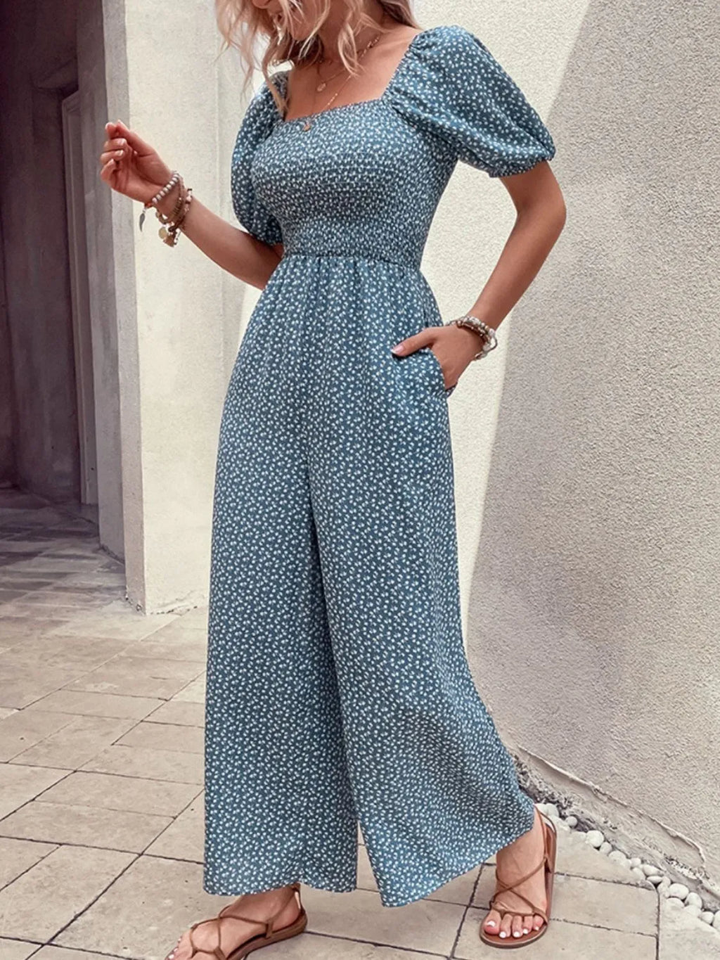 Printed Square Neck Puff Sleeve Jumpsuit by Trendsi