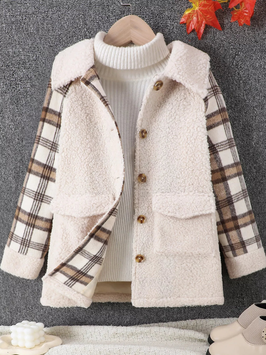 Children's Cozy Plaid Sleeve Fleece Jacket by Trendsi
