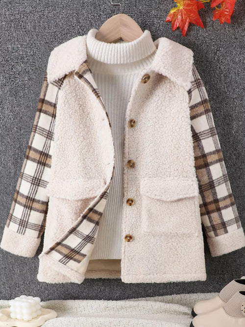 Children's Cozy Plaid Sleeve Fleece Jacket by Trendsi