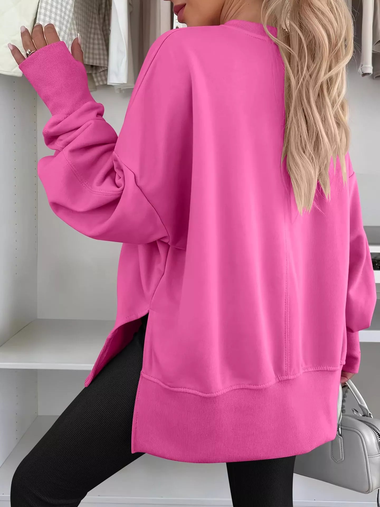 Side Slit Round Neck Long Sleeve Sweatshirt by Trendsi