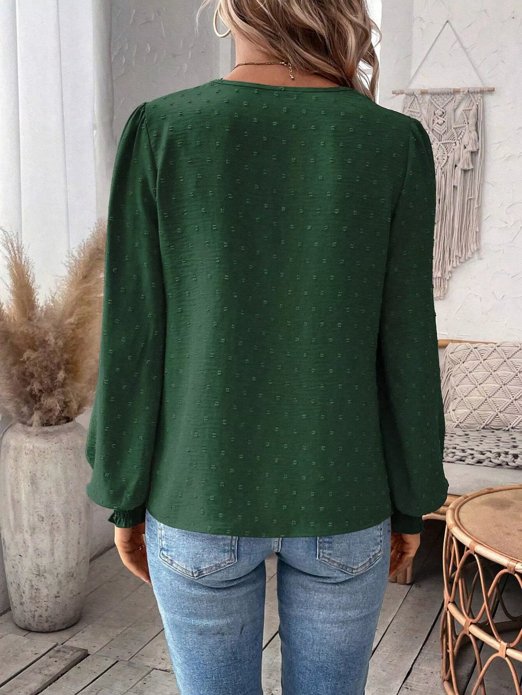 Swiss Dot Lace Detail Long Sleeve Blouse by Trendsi
