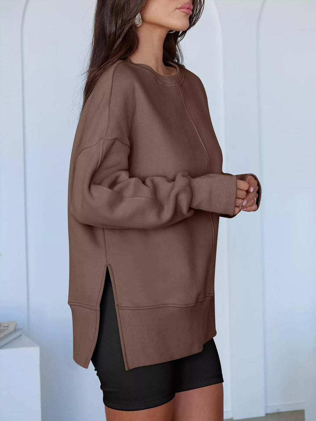 Side Slit Round Neck Long Sleeve Sweatshirt by Trendsi