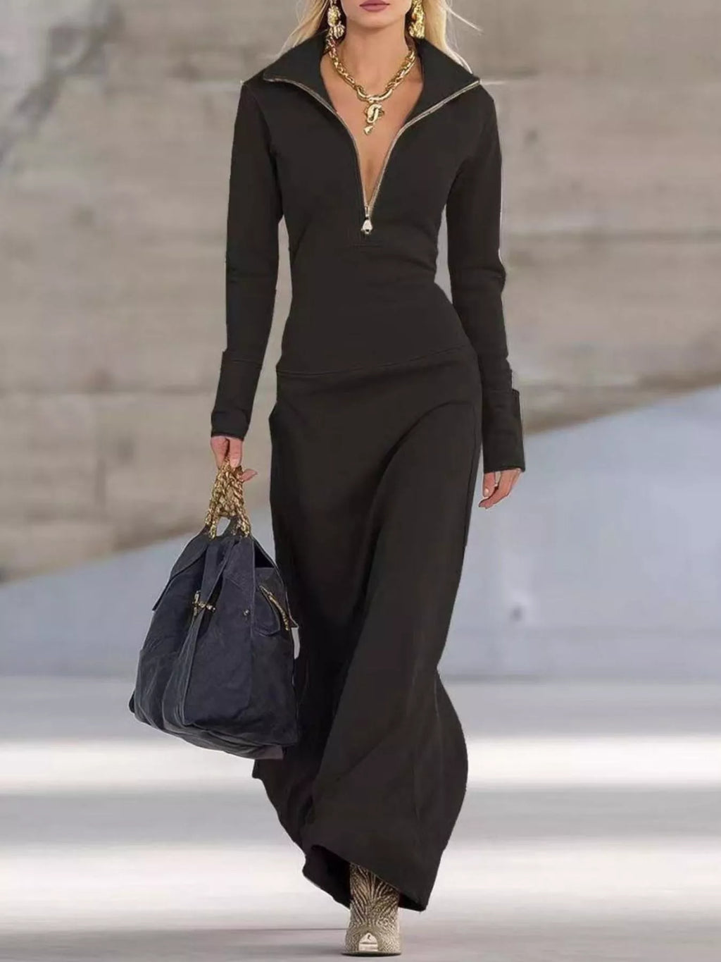 Zip Collar Long Sleeve Maxi Dress by Trendsi