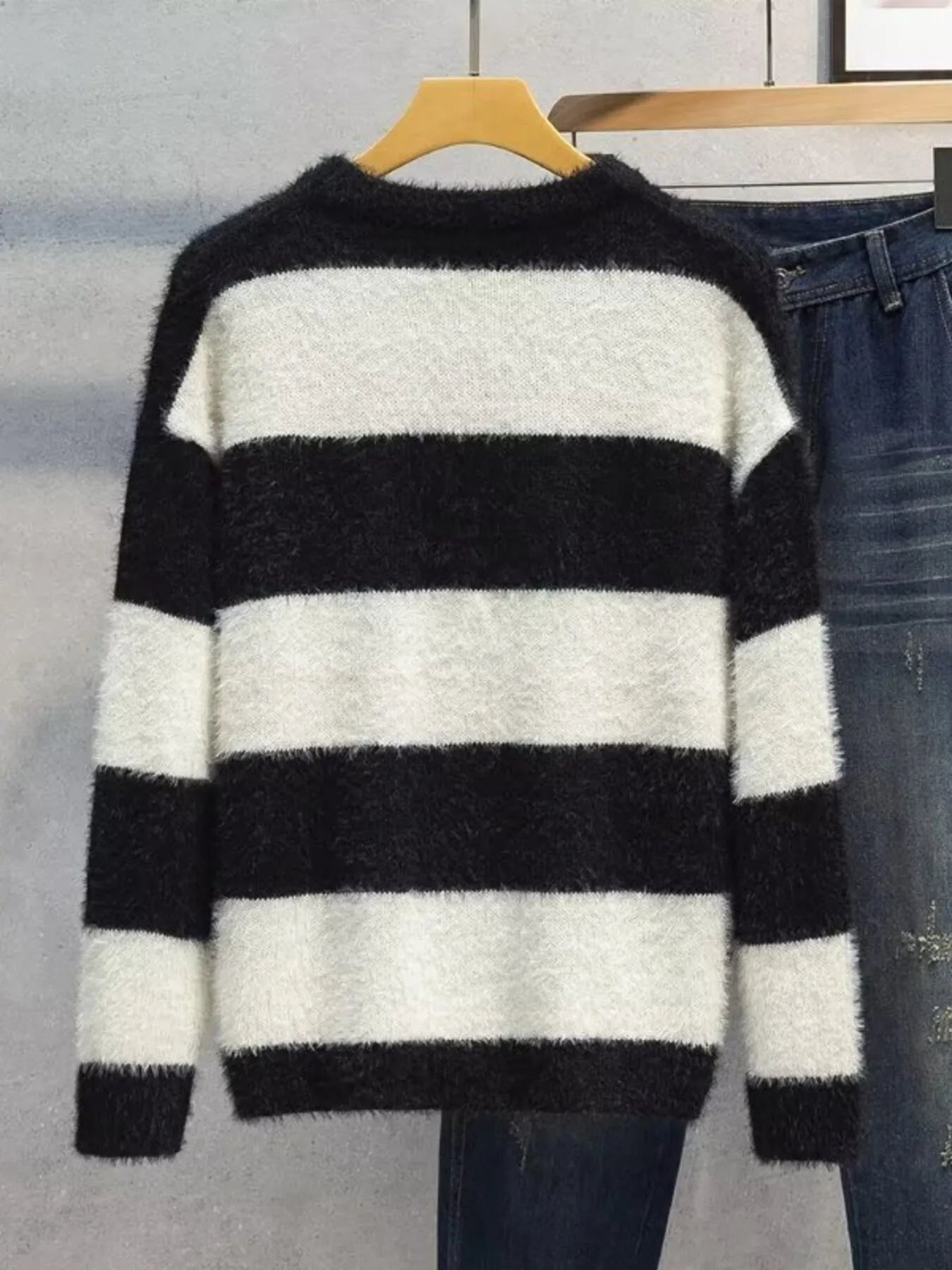 Men's Plus Size Striped Fuzzy Knit Pullover Sweater by Trendsi