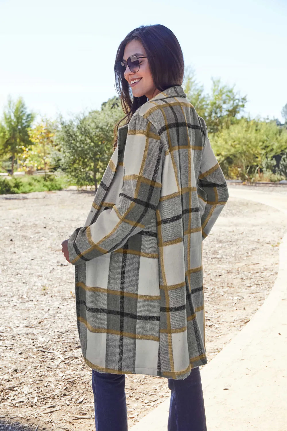Double Take Full Size Plaid Button Up Lapel Collar Coat by Trendsi