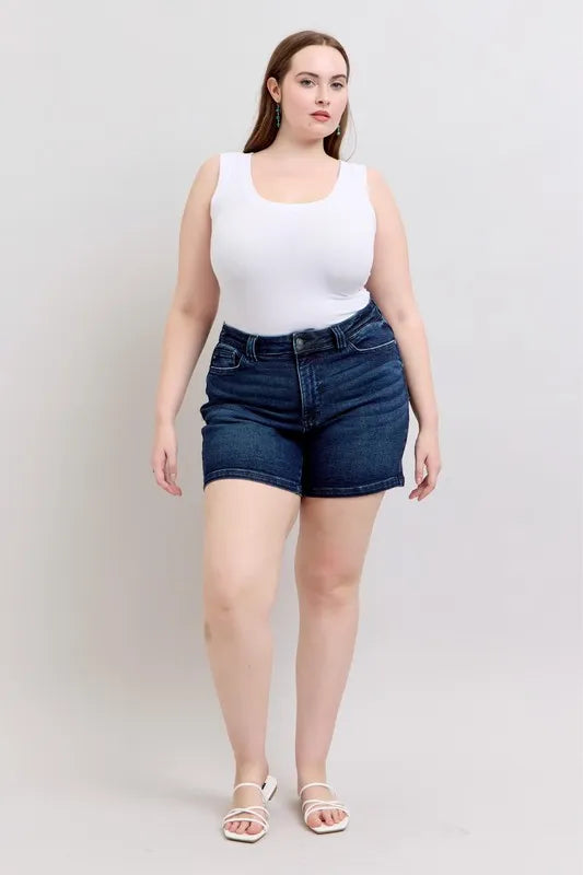 Judy Blue Full Size High Waist Back Flap Pocket Denim Shorts Plus Size by Trendsi
