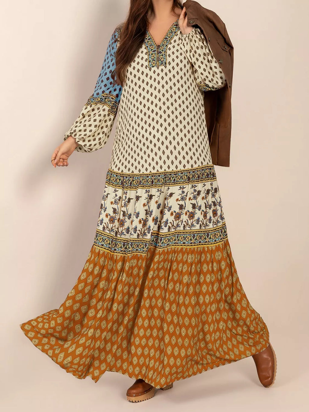 Bohemian Mixed Print Long Sleeve Maxi Dress by Trendsi