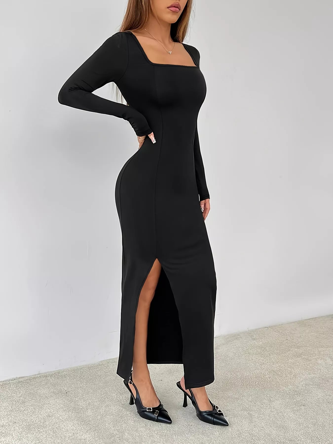 Square Neck Long Sleeve Slit Bodycon Maxi Dress by Trendsi