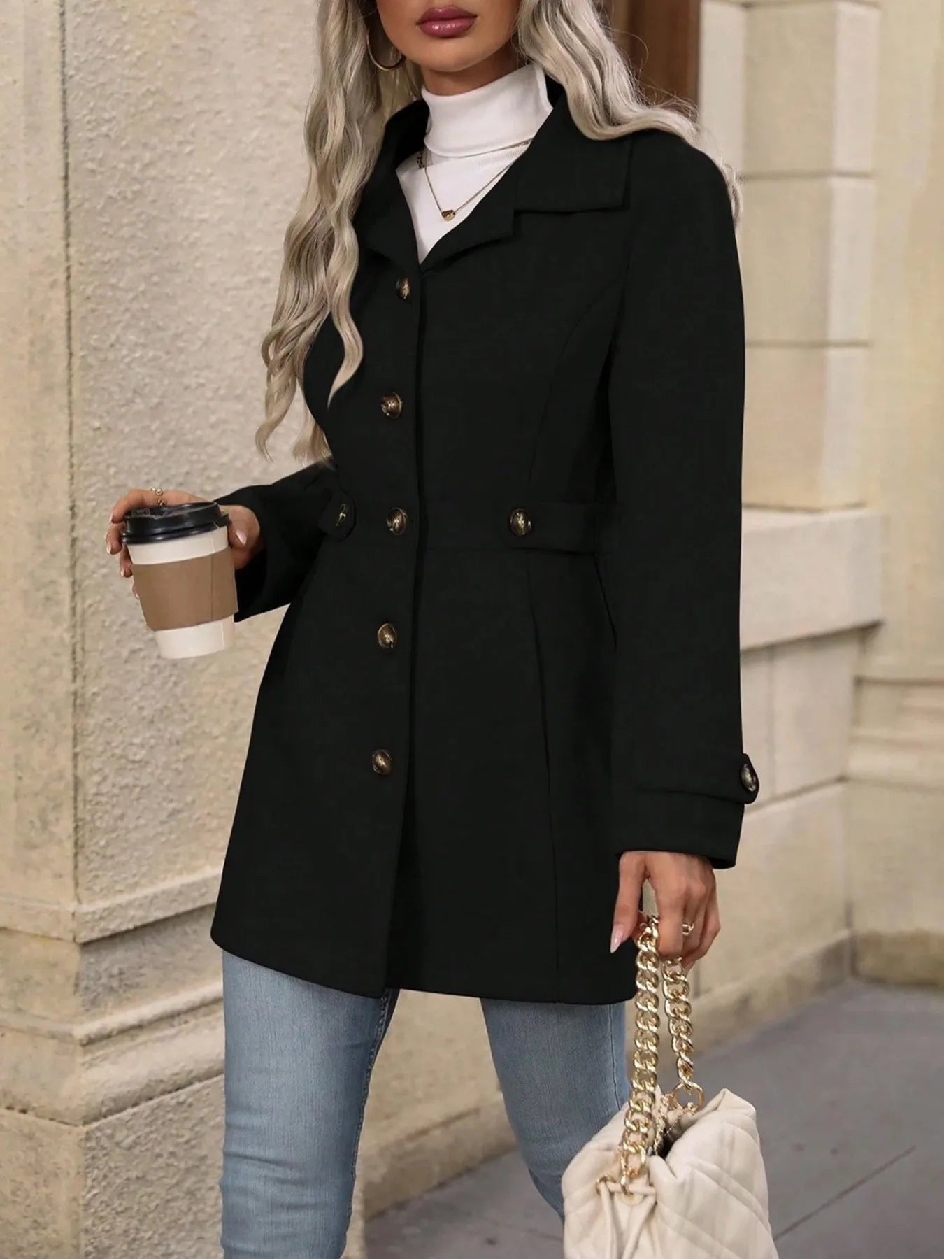 Button Up Long Sleeve Coat by Trendsi