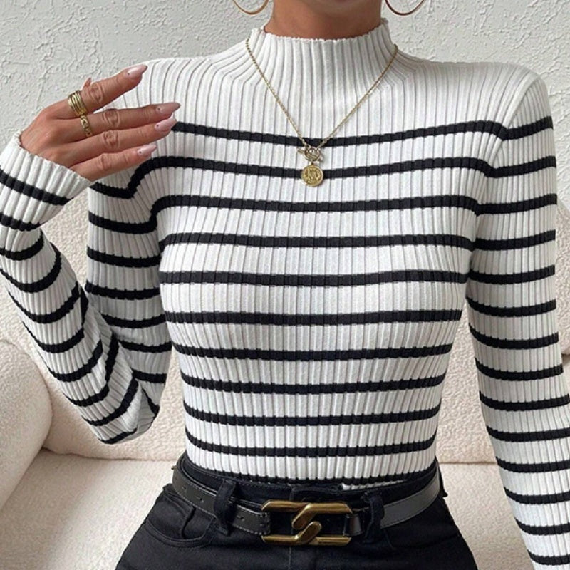 Fashion Long Sleeve Sunken Stripe Turtleneck Casual Slim Striped Sweater by DC-THE CEO