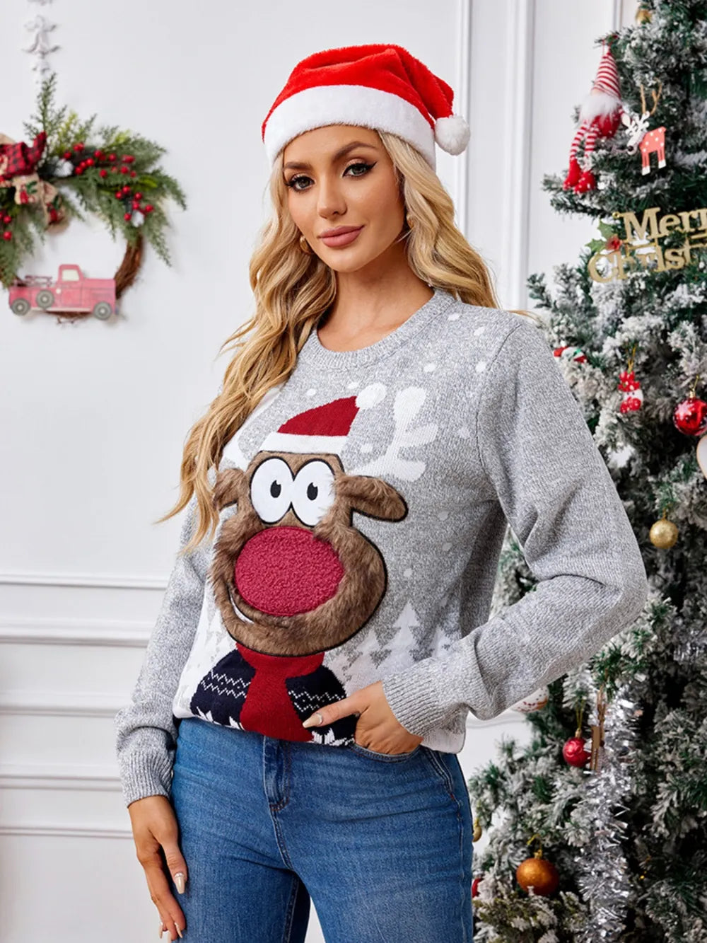 Reindeer Round Neck Long Sleeve Sweater by Trendsi