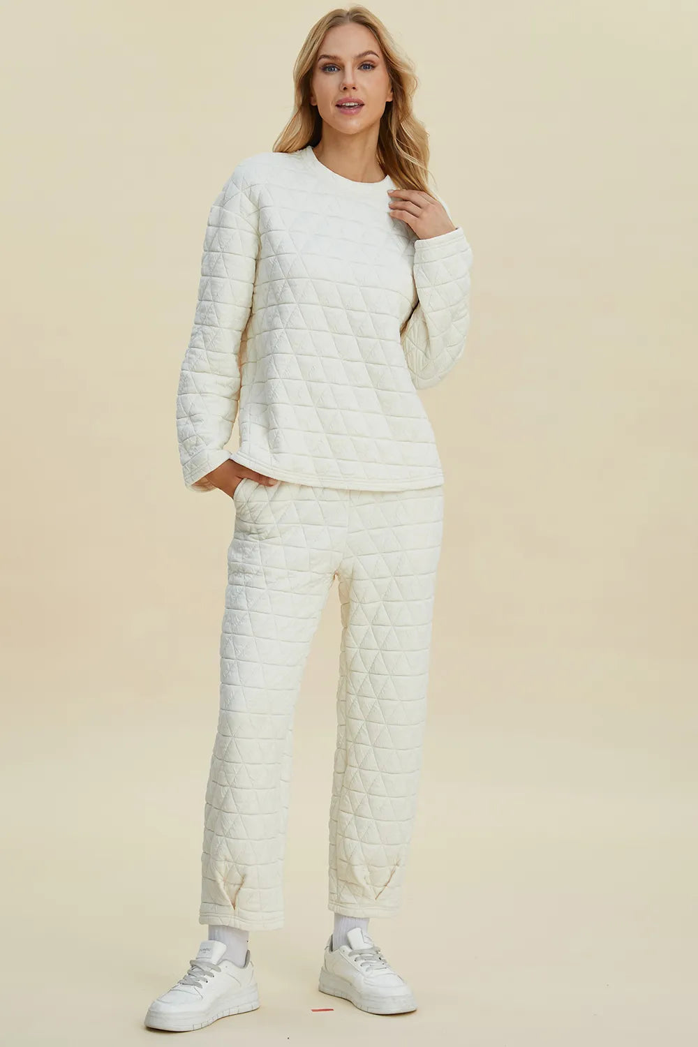 Double Take Full Size Texture Round Neck Long Sleeve Top and Pants Set by Trendsi
