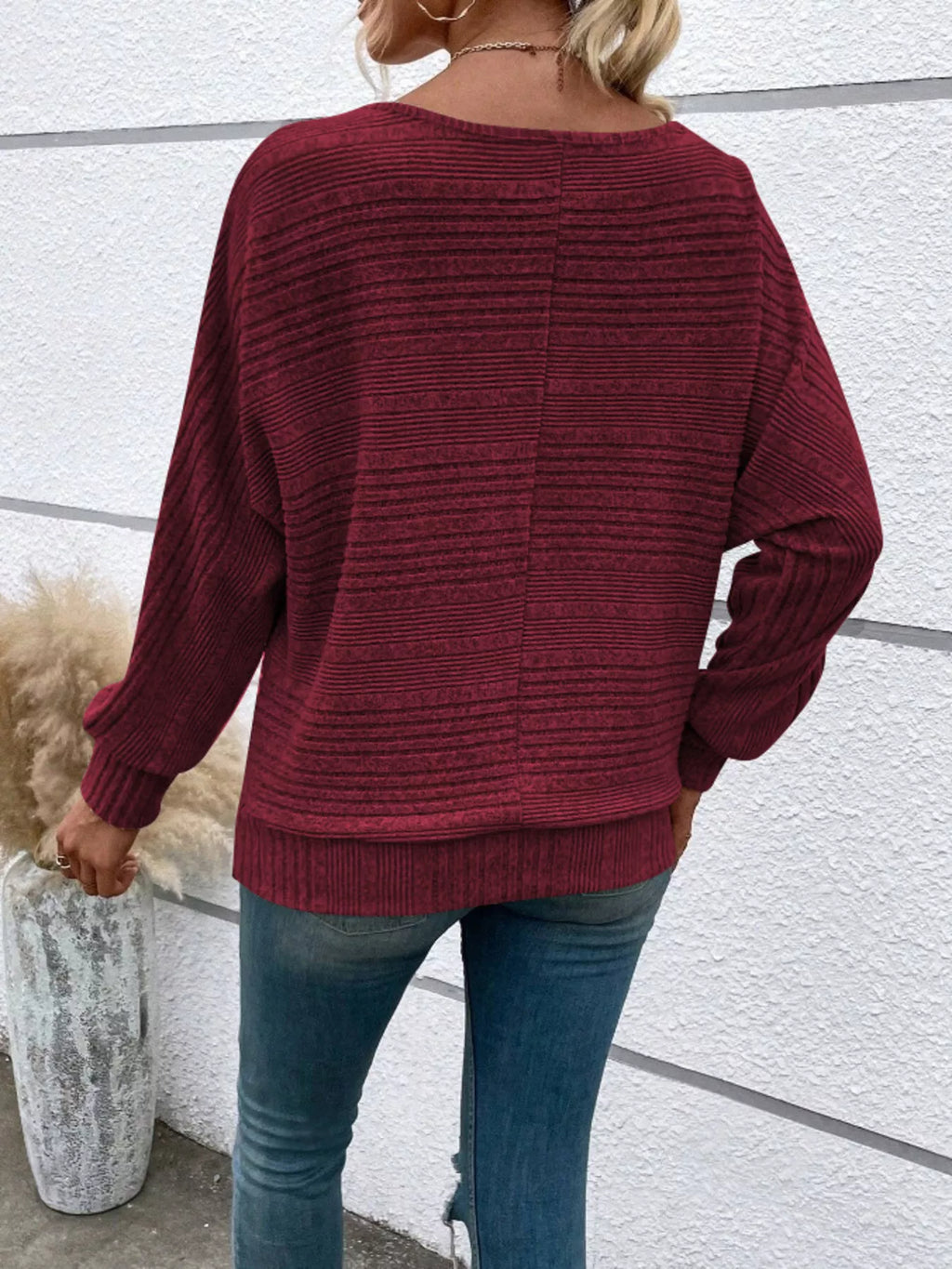 Ribbed Round Neck Long Sleeve Top by Trendsi