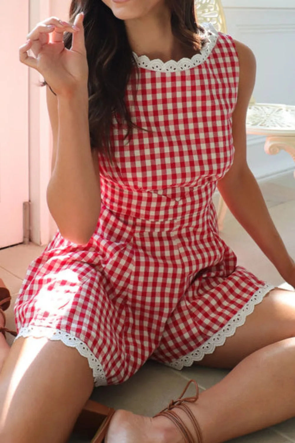 Lace Detail Plaid Sleeveless Romper by Trendsi
