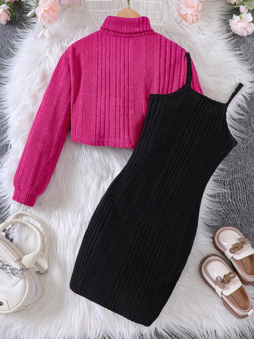 Children's Ribbed Knit Two-Tone Dress Set by Trendsi