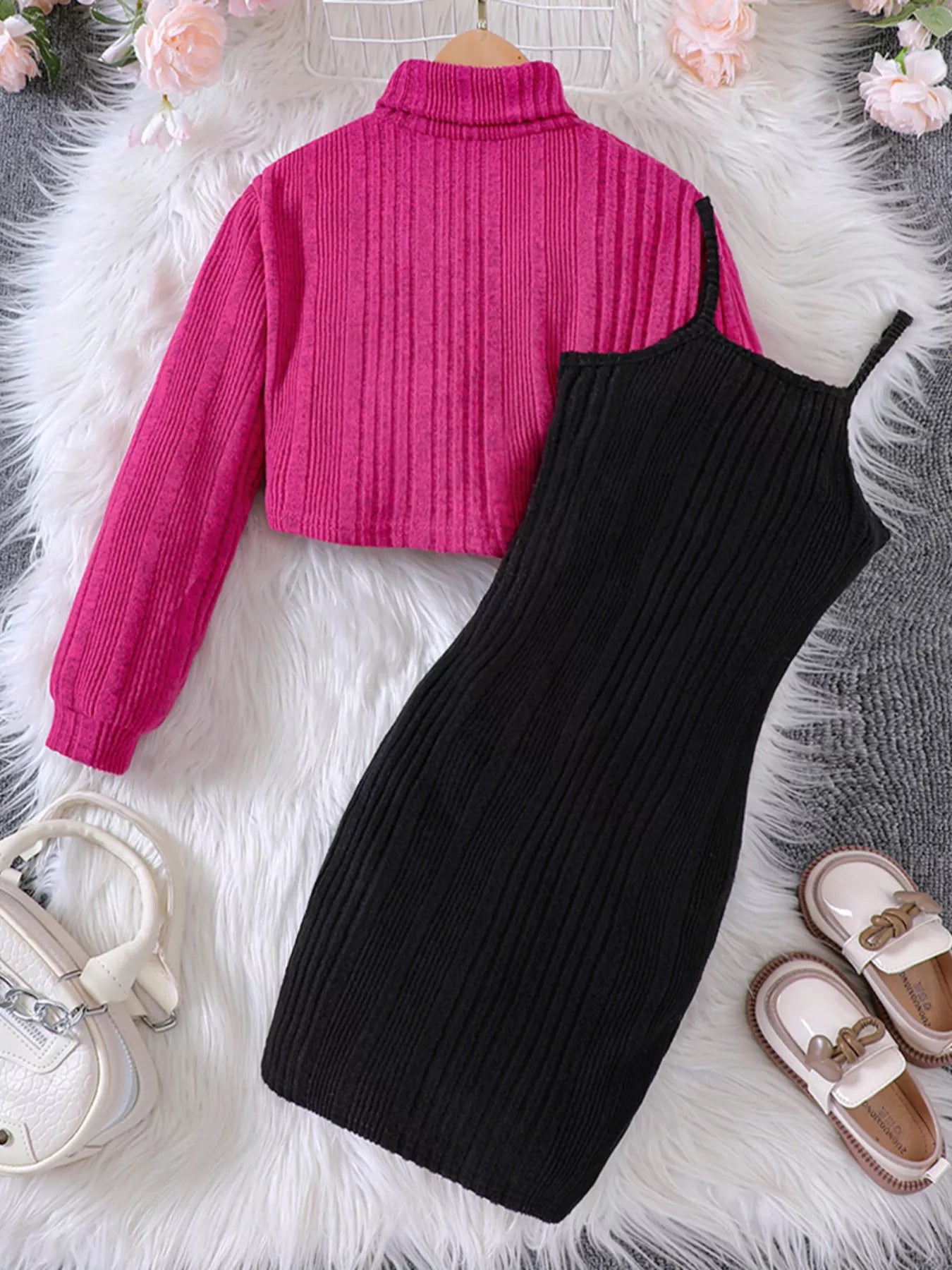 Children's Ribbed Knit Two-Tone Dress Set by Trendsi
