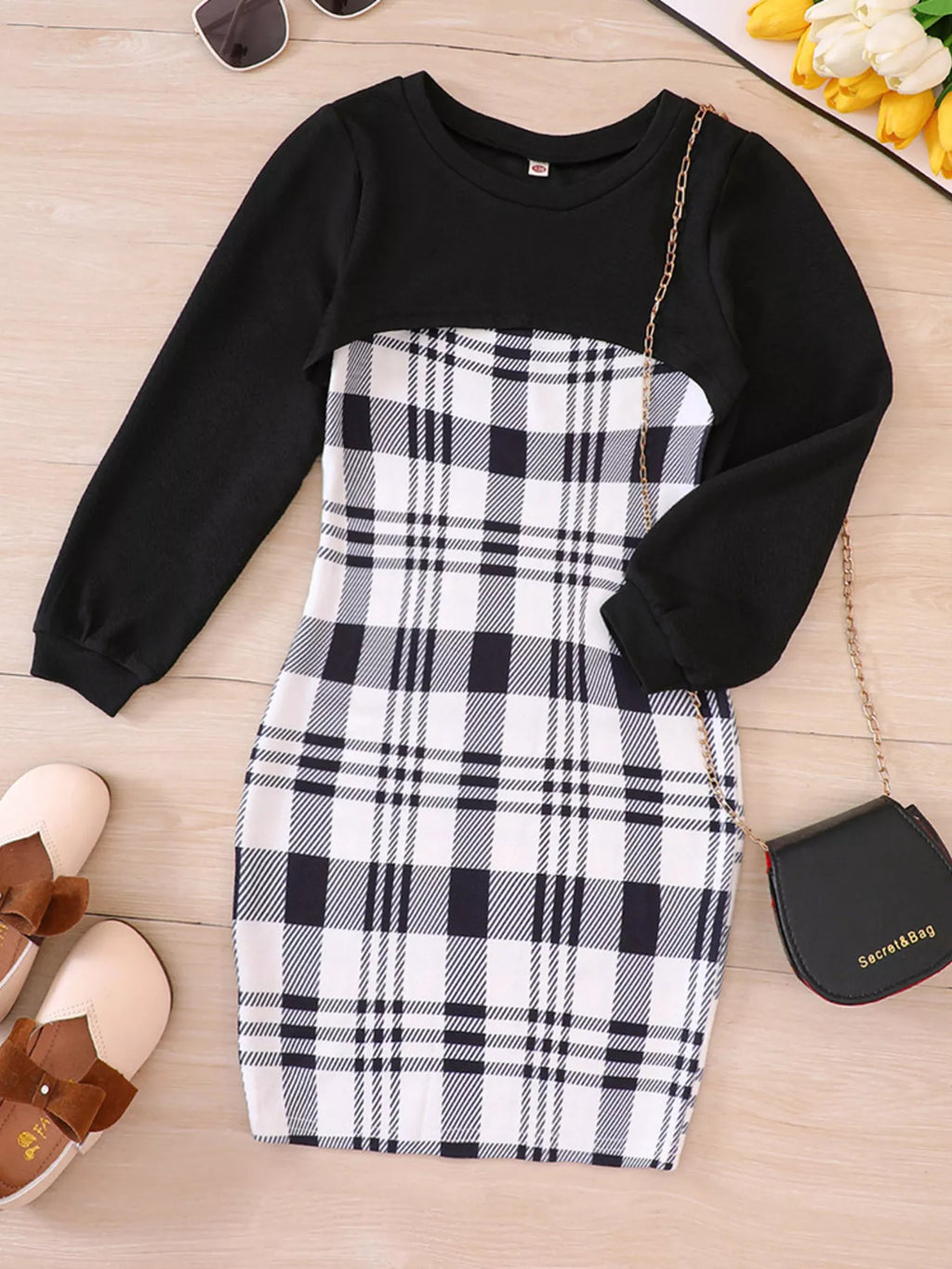 Children's Plaid Print Long Sleeve Dress Set by Trendsi