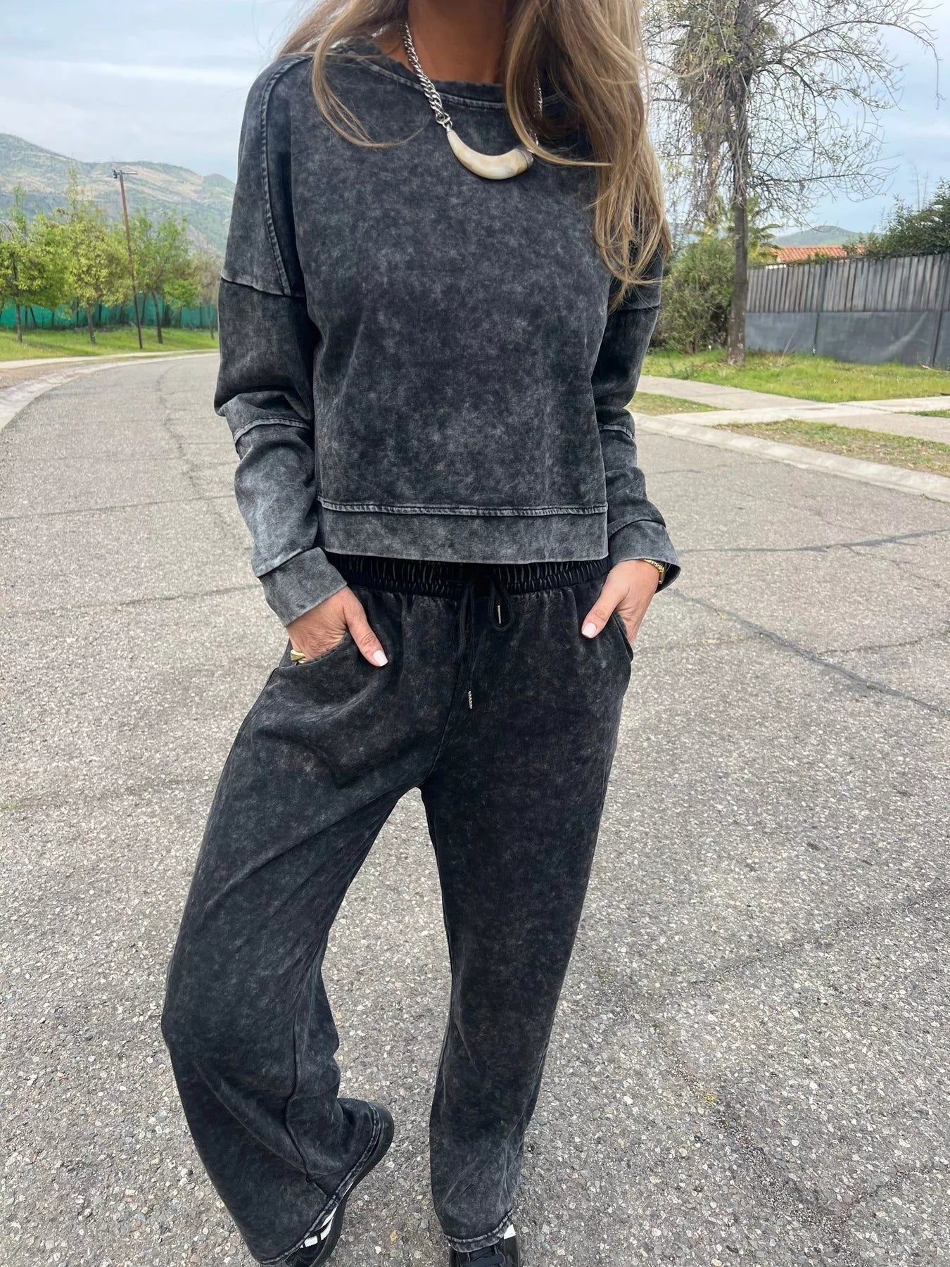 Full Size Washed Round Neck Top and Drawstring Pants Set Plus Size by Trendsi