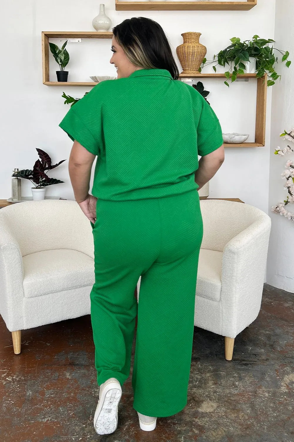 Double Take Full Size Texture Half Zip Short Sleeve Top and Pants Set by Trendsi