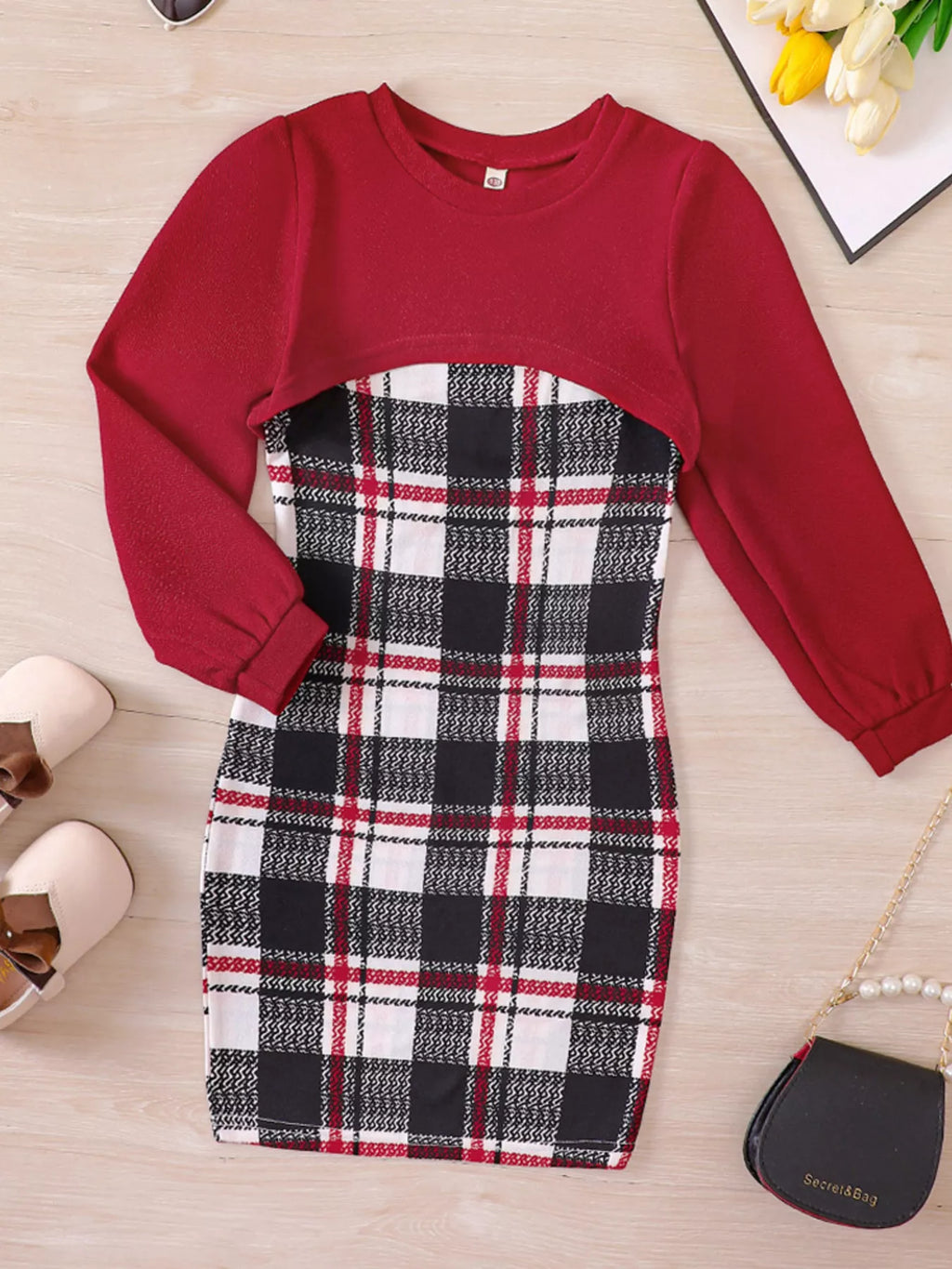 Children's Plaid Print Long Sleeve Dress Set by Trendsi