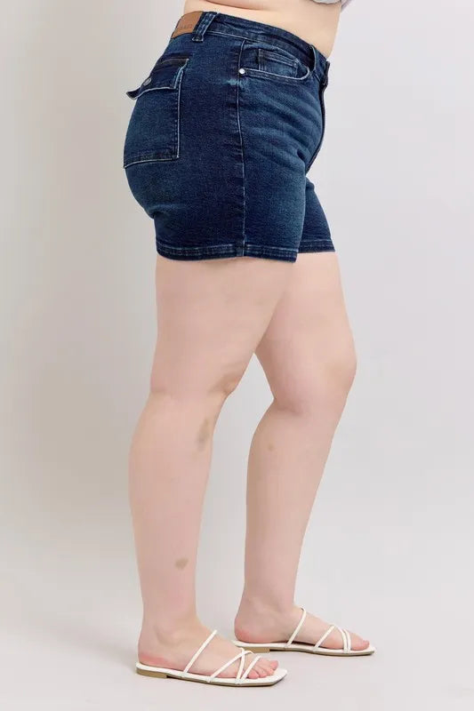 Judy Blue Full Size High Waist Back Flap Pocket Denim Shorts Plus Size by Trendsi