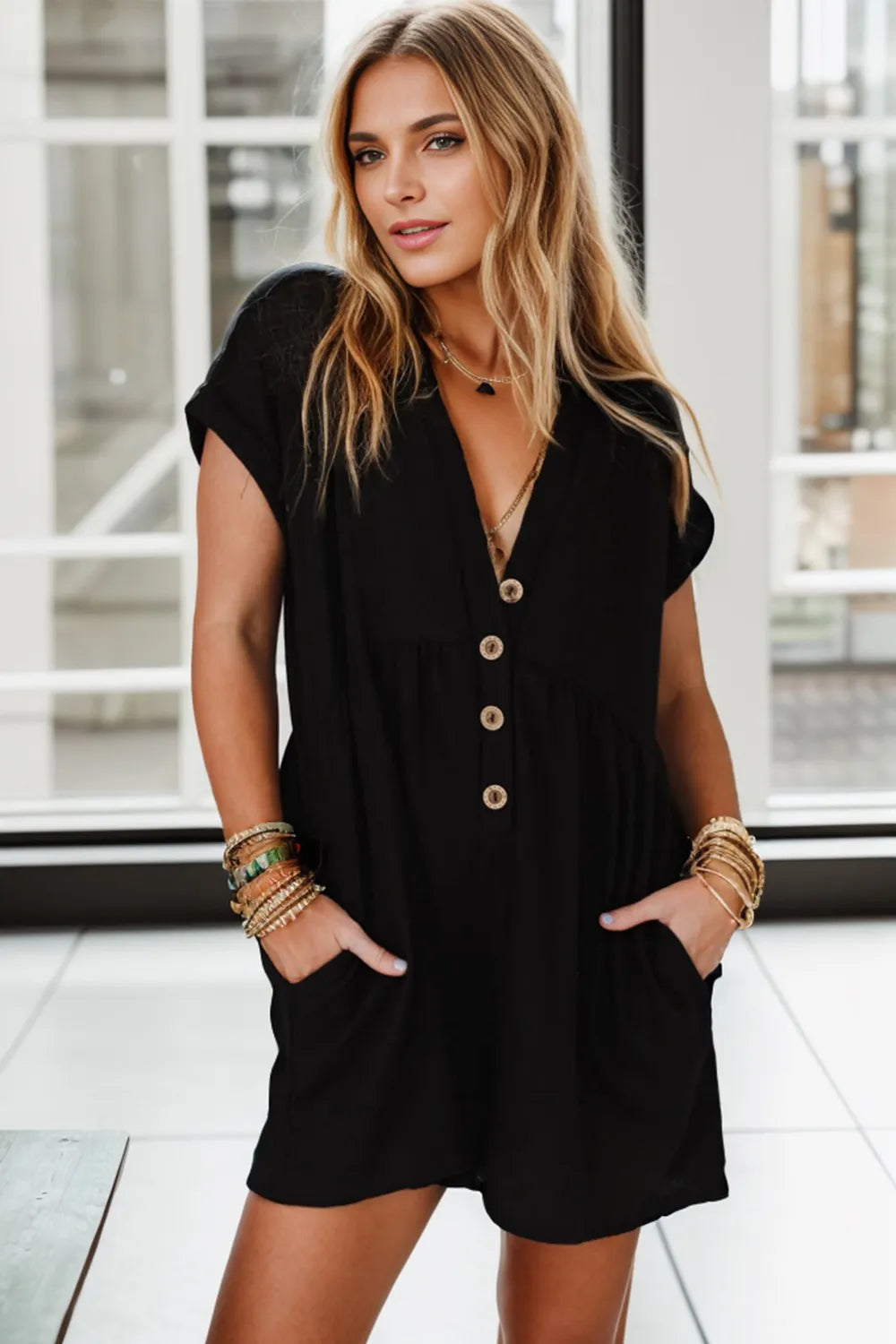 Pocketed V-Neck Short Sleeve Romper by Trendsi