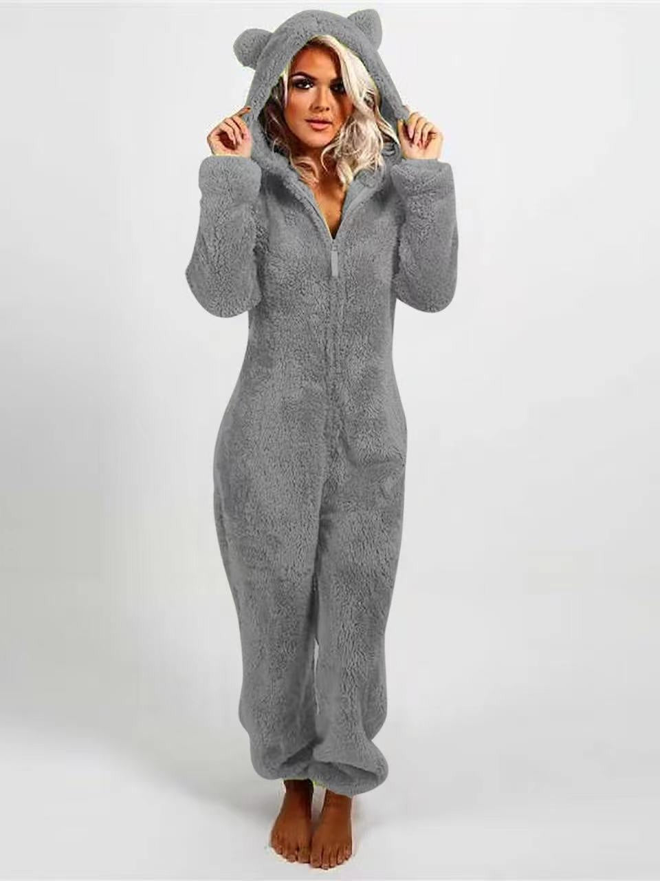 Fleece-lined Thickened Furry Jumpsuit Hooded Pajamas by DC-THE CEO