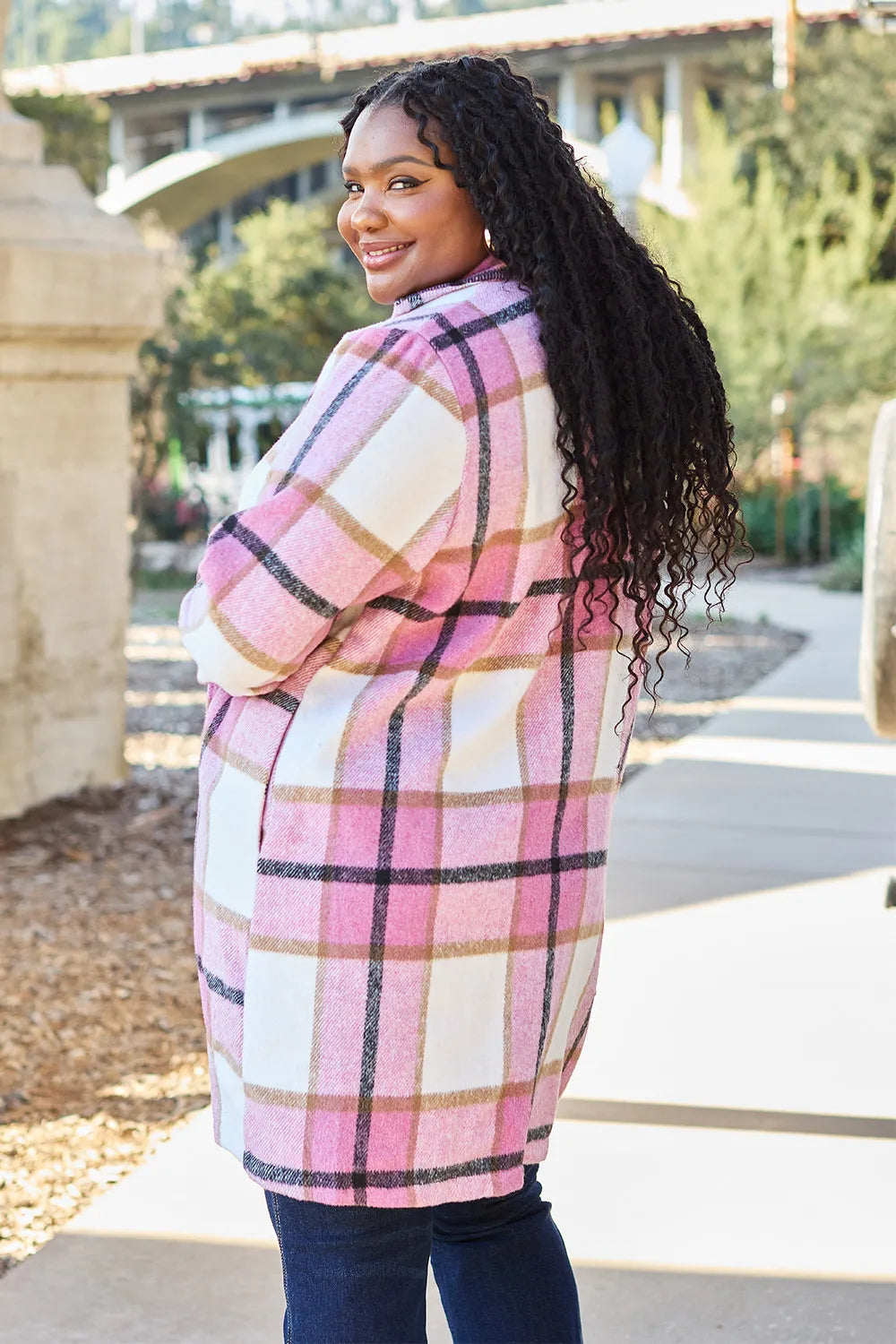 Double Take Full Size Plaid Button Up Lapel Collar Coat by Trendsi