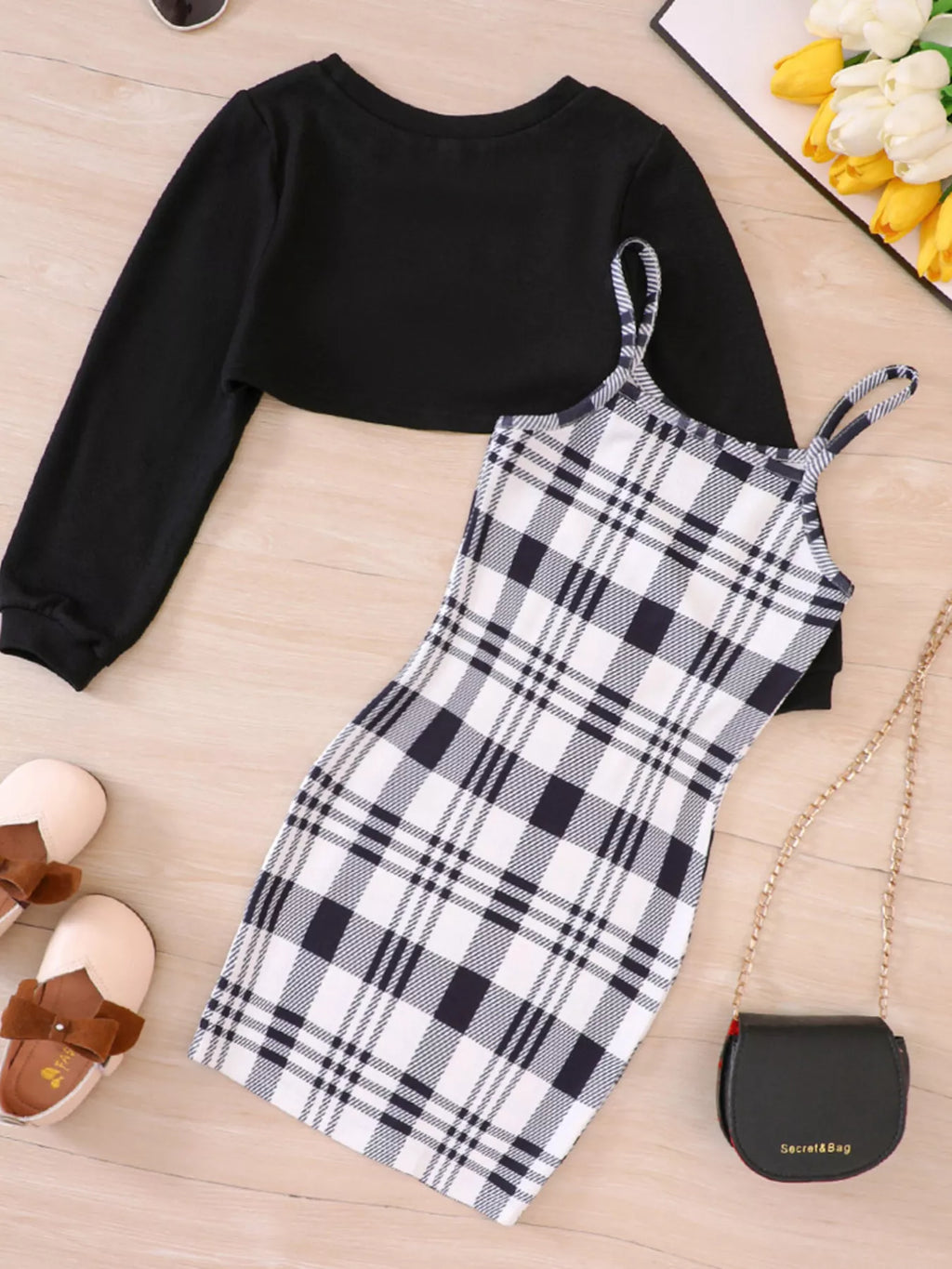 Children's Plaid Print Long Sleeve Dress Set by Trendsi