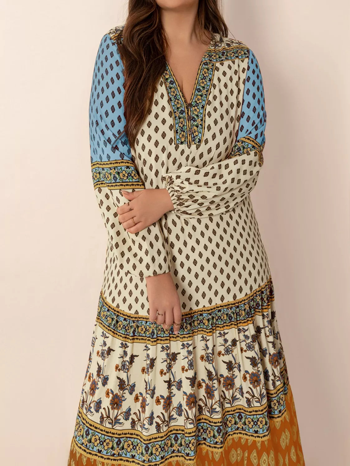 Bohemian Mixed Print Long Sleeve Maxi Dress by Trendsi