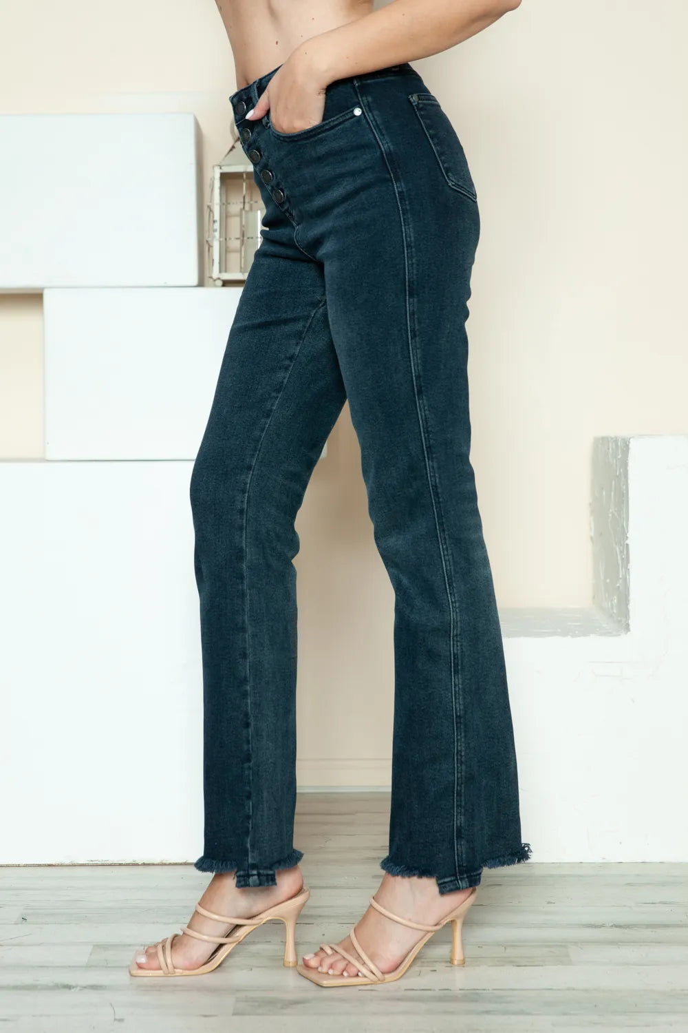 Judy Blue Full Size Button Fly Hem Destroy Straight Jeans by Trendsi