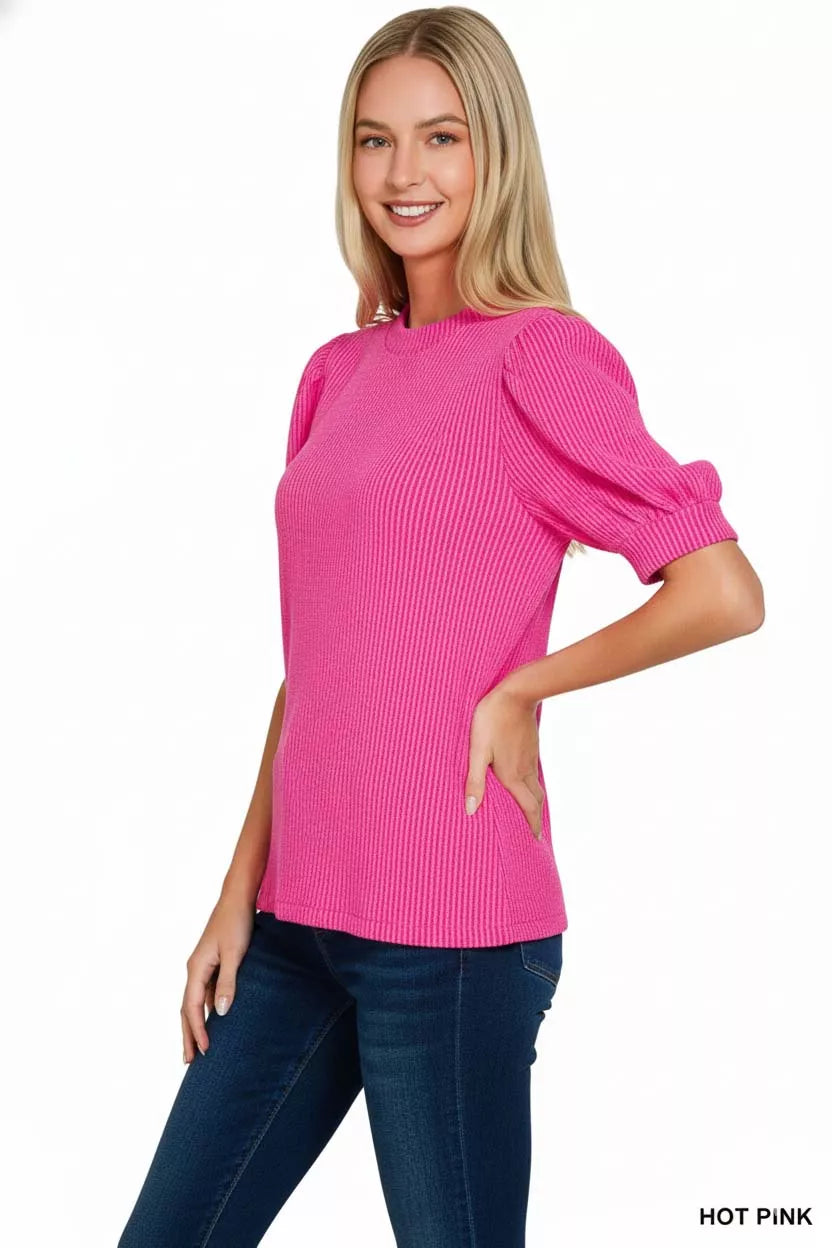 Zenana Raised Rib Puff Sleeve Top by Trendsi