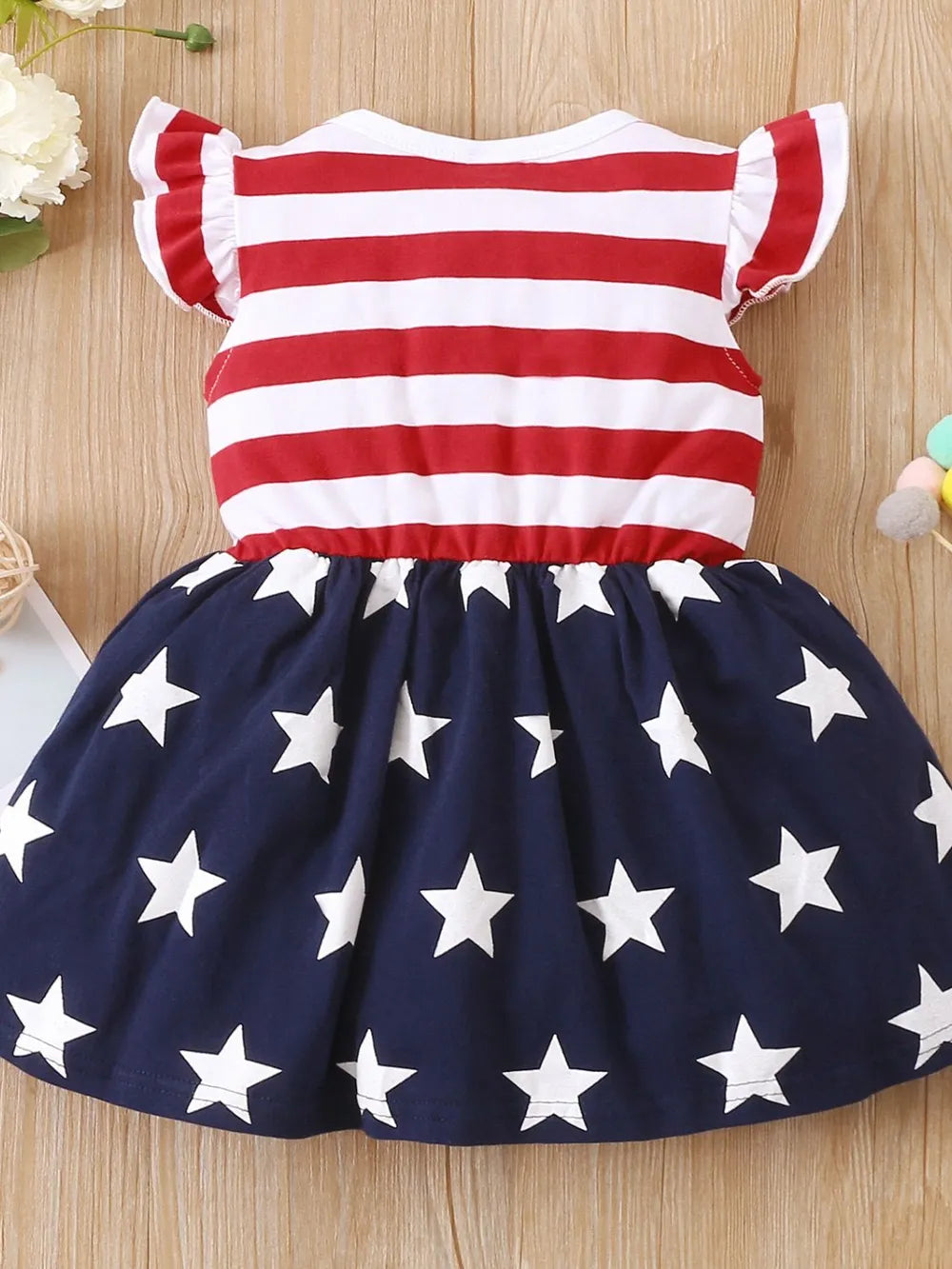 Striped & Stars Ruffled Round Neck Cap Sleeve Dress by Trendsi