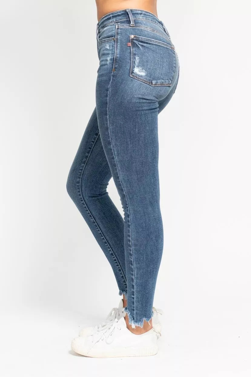 Judy Blue High Waist Skinny Jeans with Destroy & Shark Bit Hem by Trendsi